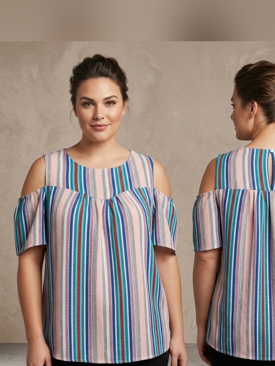 Monteau Tops - Monteau Striped Cold-Shoulder Blouse in Pink, Blue & Teal